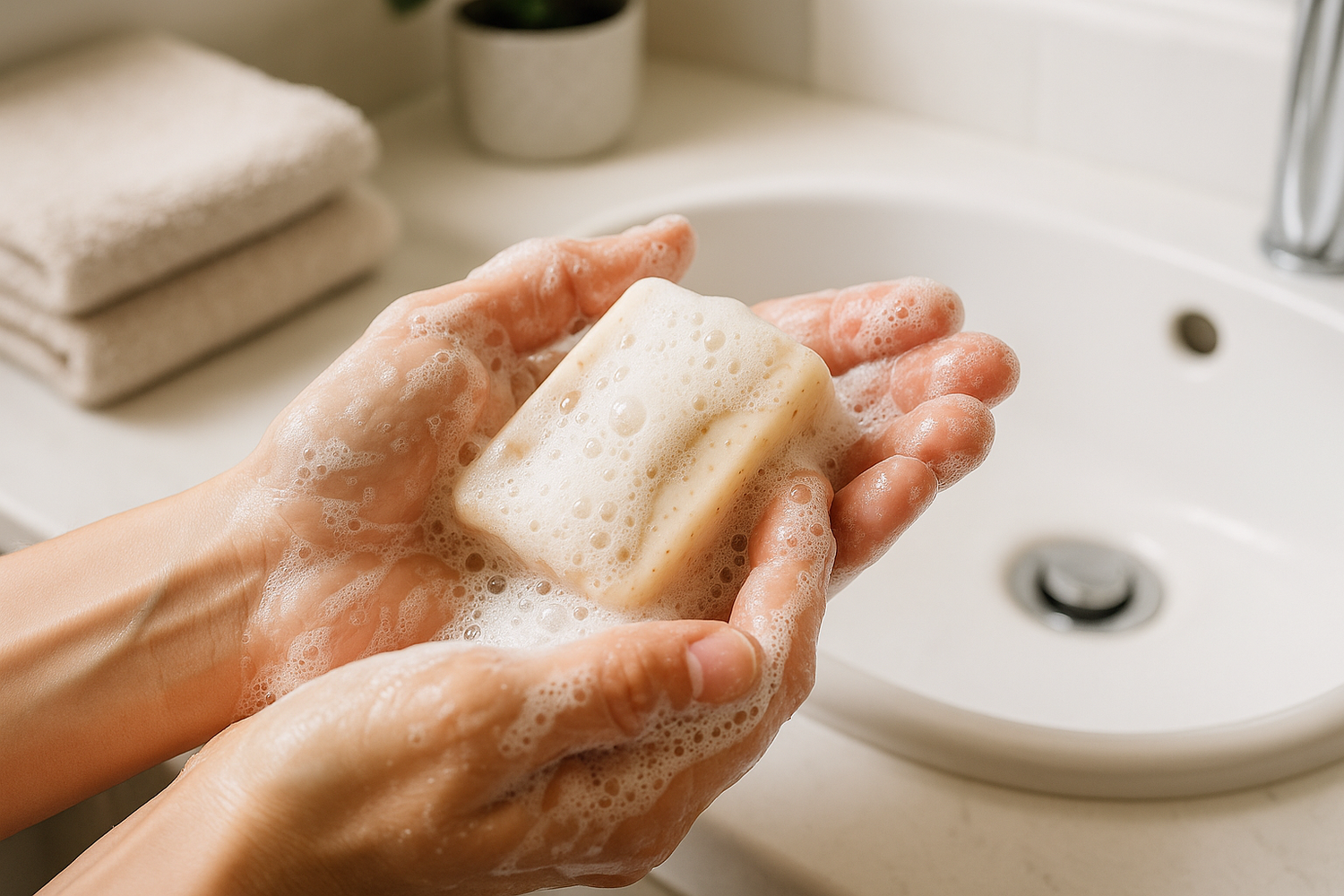 Lifestyle mockup showing hands using artisanal soap